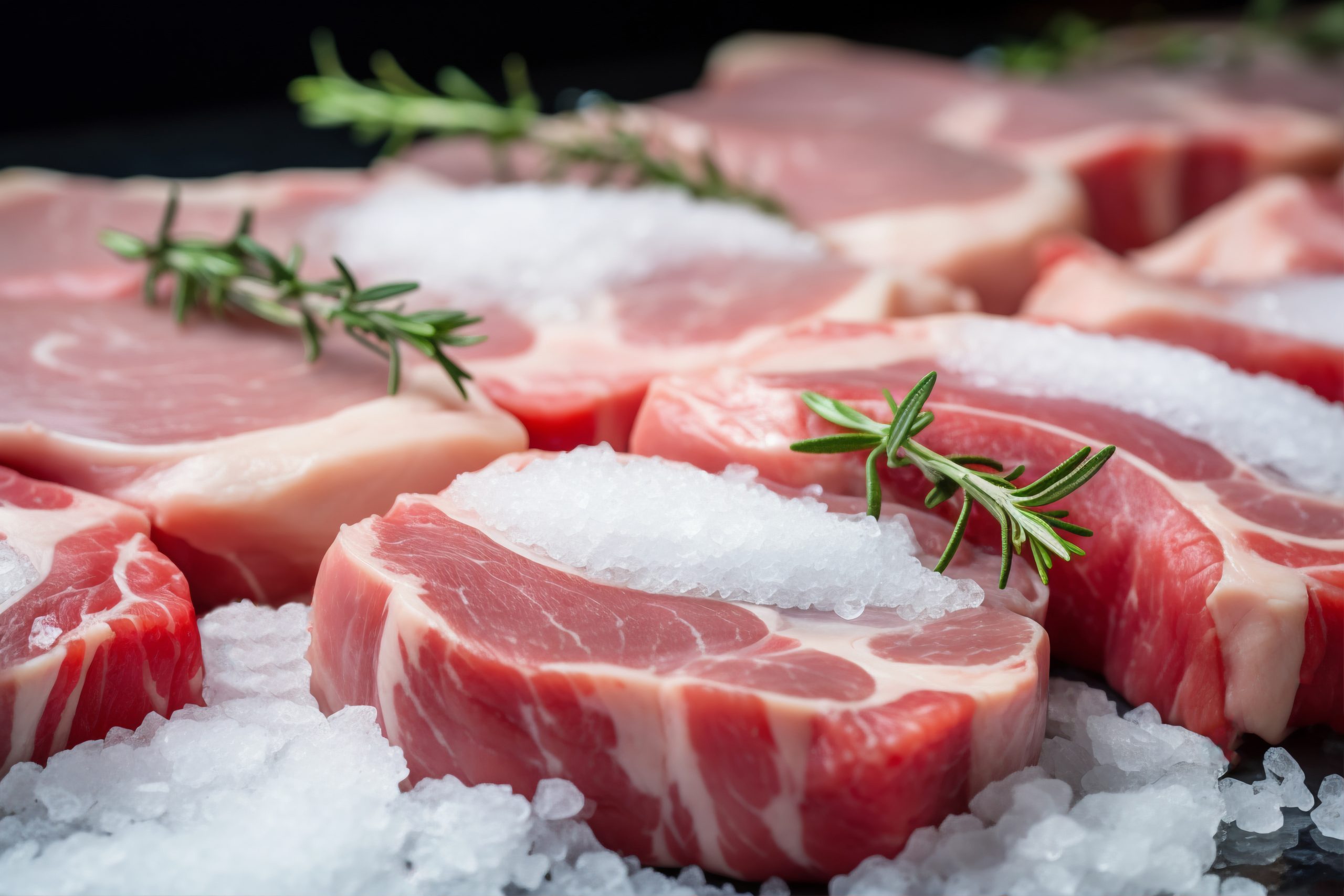 Potongan daging sapi Wagyu segar siap masak yang diletakkan di atas tumpukan kristal garam laut kasar, dihiasi dengan tangkai rosemary segar.