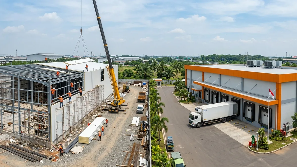 Pembangunan gudang cold storage dengan pemasangan panel insulasi di samping gudang pendingin siap pakai