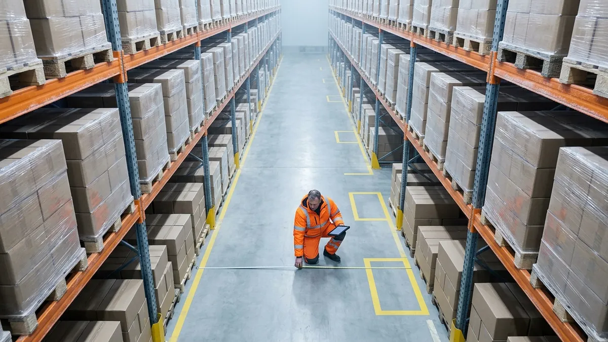 Palet produk tersusun bertingkat di ruang cold storage dengan lorong untuk sirkulasi udara