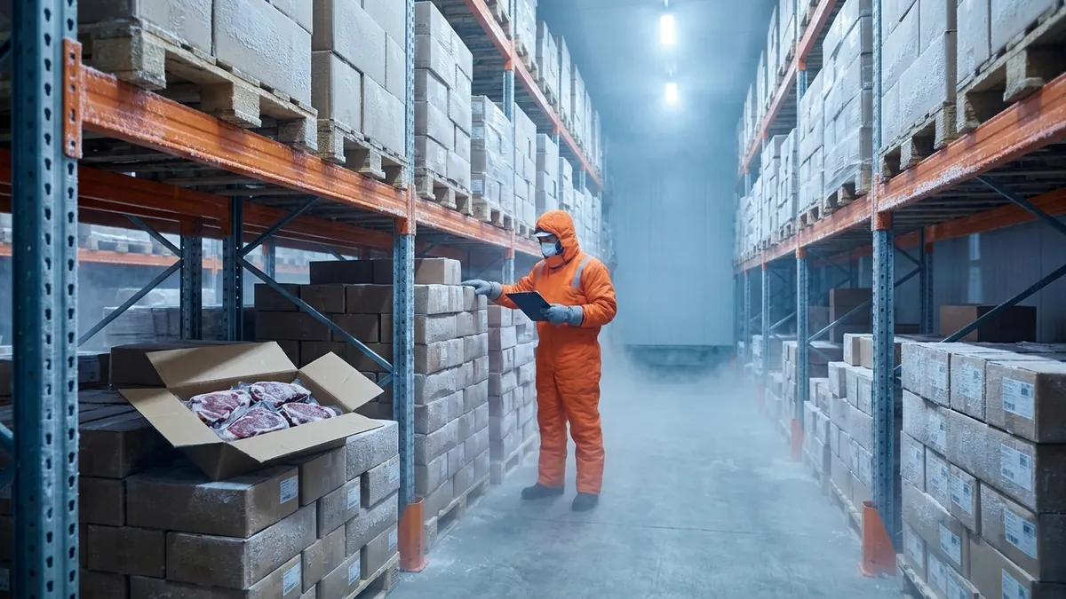 Karton daging sapi beku tersusun di atas pallet dalam gudang frozen bersuhu -18°C