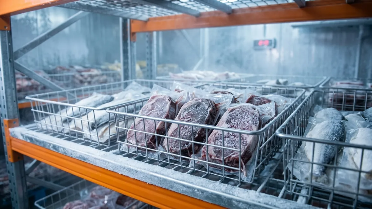 Daging beku dalam kemasan kedap udara tersimpan di rak gudang freezer dengan termometer digital menunjukkan suhu stabil