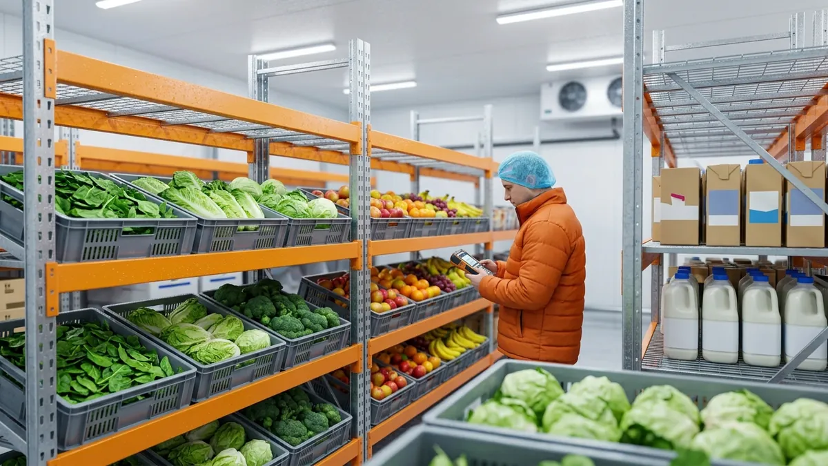 Krat sayuran segar, buah, dan produk susu tersusun rapi di ruang chiller gudang cold storage