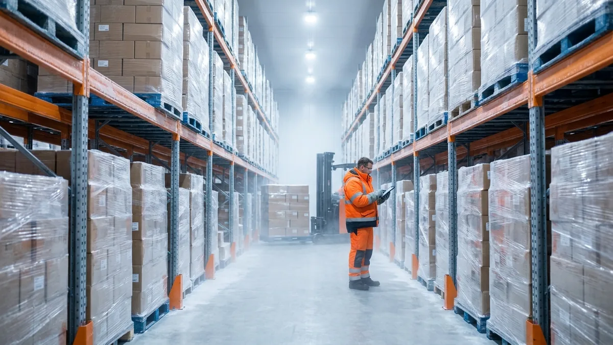 Rak pallet di dalam gudang cold storage untuk ilustrasi tarif sewa cold storage per pallet
